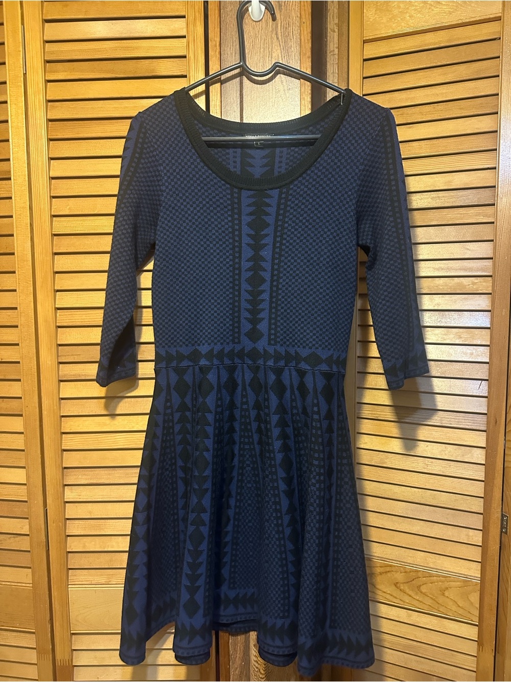 Nina Leonard Navy and Black Patterned Fit-and-Flare Dress